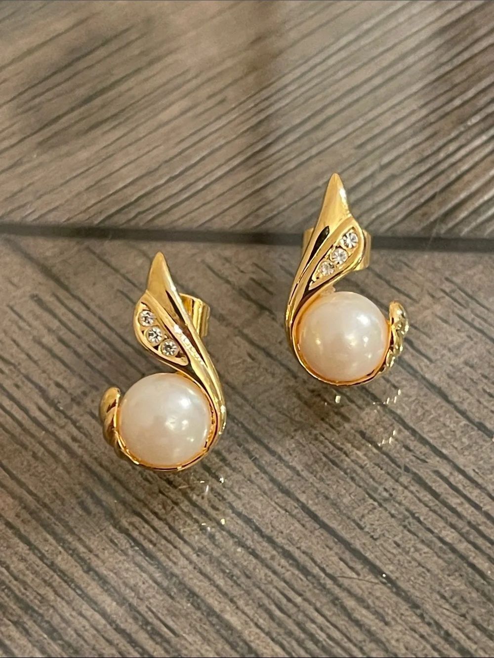 Vintage Gold-tone Swirl Earrings with Faux Pearls & Rhinestone Accents